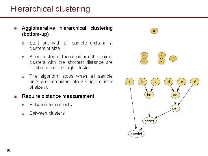 Hierarchical clustering n Agglomerative hierarchical clustering (bottom-up) q q q n 16 Start out
