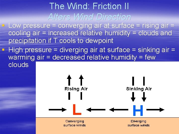 The Wind: Friction II Alters Wind Direction § Low pressure = converging air at