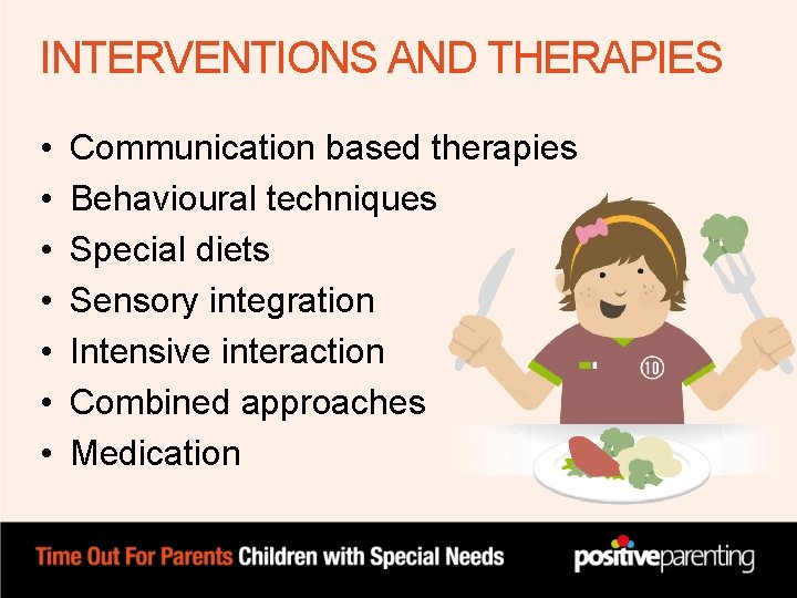 INTERVENTIONS AND THERAPIES • • Communication based therapies Behavioural techniques Special diets Sensory integration INTERVENTIONS AND THERAPIES • • Communication based therapies Behavioural techniques Special diets Sensory integration