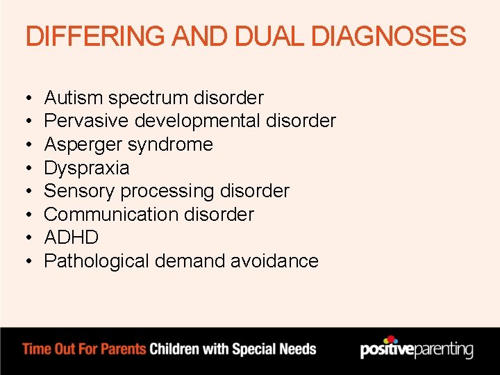 DIFFERING AND DUAL DIAGNOSES • • Autism spectrum disorder Pervasive developmental disorder Asperger syndrome DIFFERING AND DUAL DIAGNOSES • • Autism spectrum disorder Pervasive developmental disorder Asperger syndrome