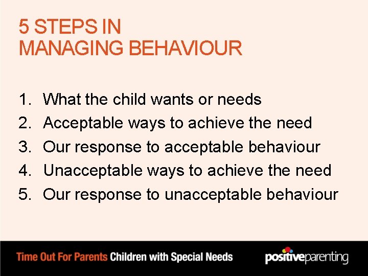 5 STEPS IN MANAGING BEHAVIOUR 1. 2. 3. 4. 5. What the child wants 5 STEPS IN MANAGING BEHAVIOUR 1. 2. 3. 4. 5. What the child wants