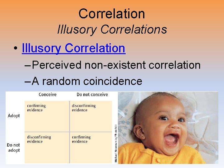 Correlation Illusory Correlations • Illusory Correlation – Perceived non-existent correlation – A random coincidence