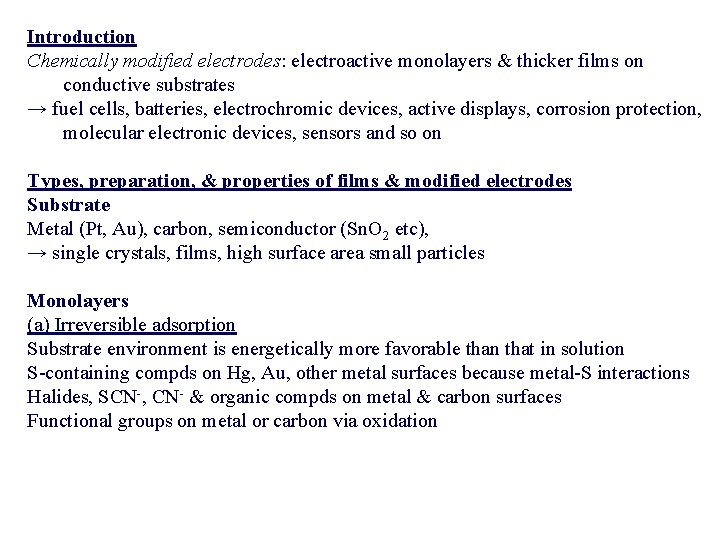 Electroactive layers and modified electrodes Ch 14 Types