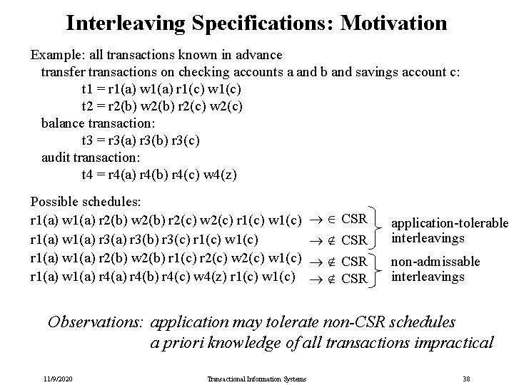 Interleaving Specifications: Motivation Example: all transactions known in advance transfer transactions on checking accounts