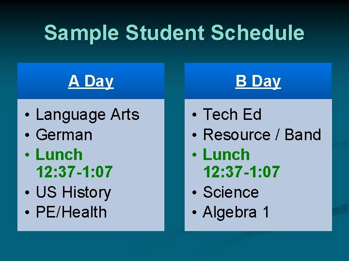 Sample Student Schedule A Day • Language Arts • German • Lunch 12: 37