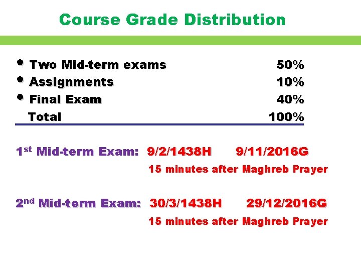 Course Grade Distribution • Two Mid-term exams • Assignments • Final Exam Total 1