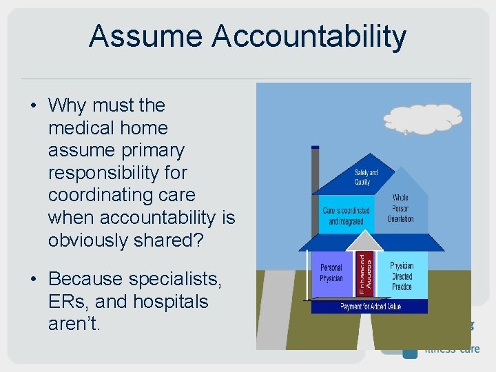 Assume Accountability • Why must the medical home assume primary responsibility for coordinating care