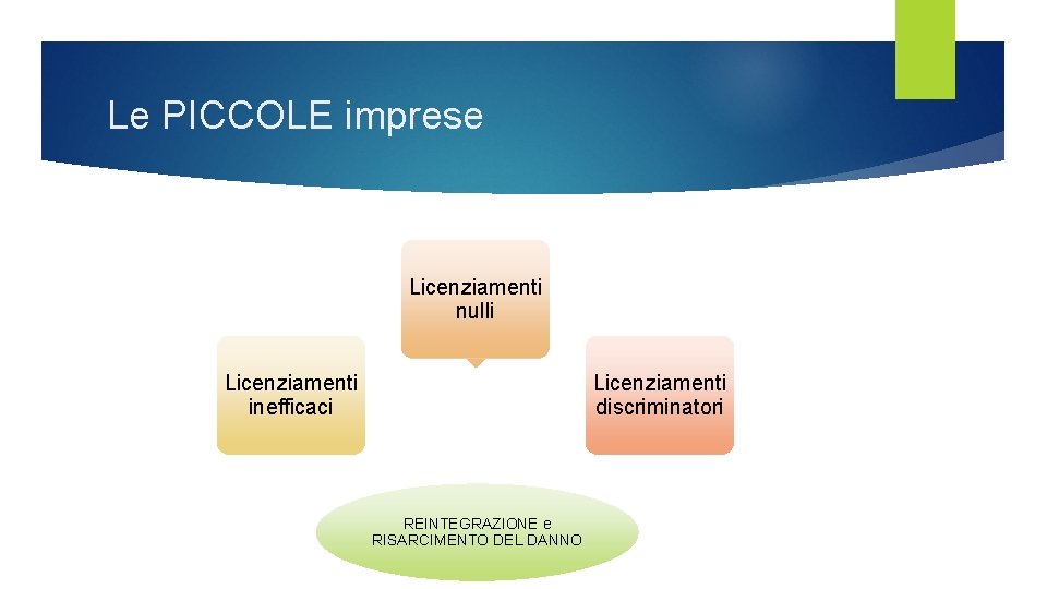 Le PICCOLE imprese Licenziamenti nulli Licenziamenti inefficaci Licenziamenti discriminatori REINTEGRAZIONE e RISARCIMENTO DEL DANNO Le PICCOLE imprese Licenziamenti nulli Licenziamenti inefficaci Licenziamenti discriminatori REINTEGRAZIONE e RISARCIMENTO DEL DANNO