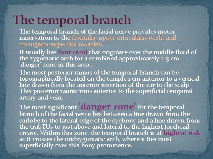 The temporal branch � The temporal branch of the facial nerve provides motor innervation