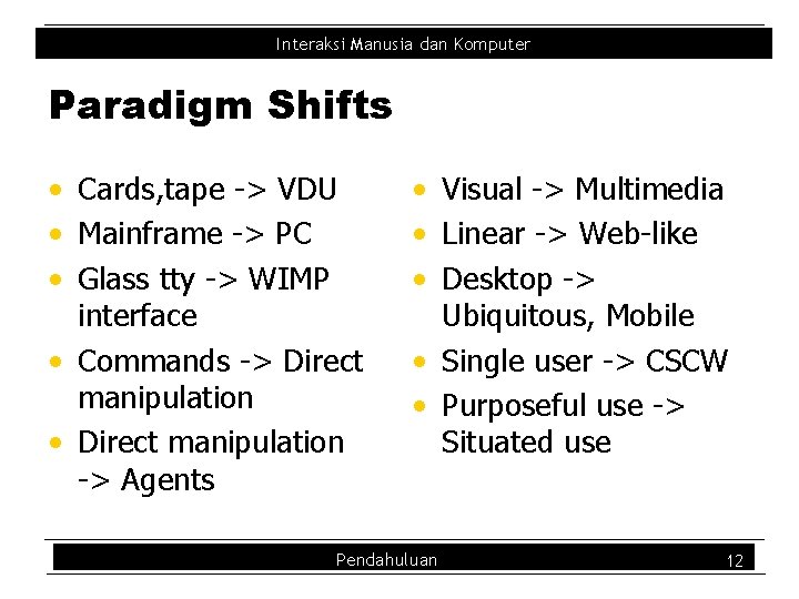 Interaksi Manusia dan Komputer Paradigm Shifts • Cards, tape -> VDU • Mainframe ->