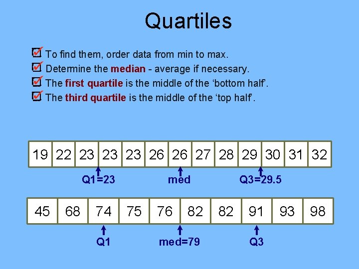 Quartiles To find them, order data from min to max. Determine the median - Quartiles To find them, order data from min to max. Determine the median -