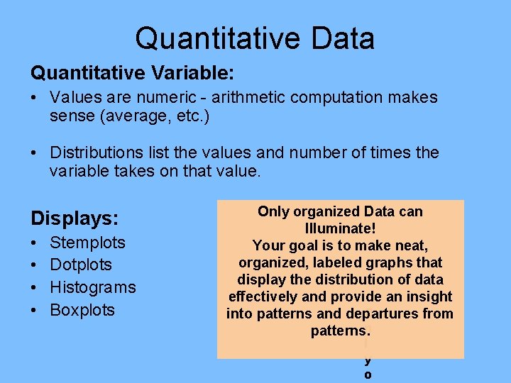 Quantitative Data Quantitative Variable: • Values are numeric - arithmetic computation makes sense (average, Quantitative Data Quantitative Variable: • Values are numeric - arithmetic computation makes sense (average,