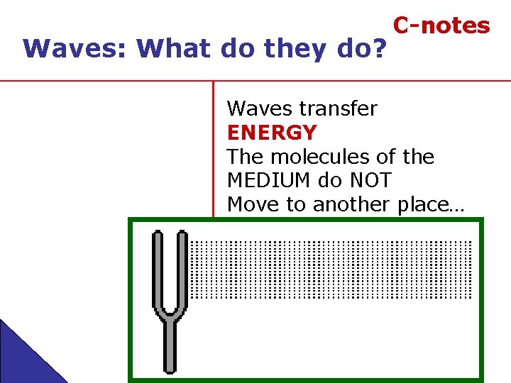 Waves: What do they do? C-notes Waves transfer ENERGY The molecules of the MEDIUM