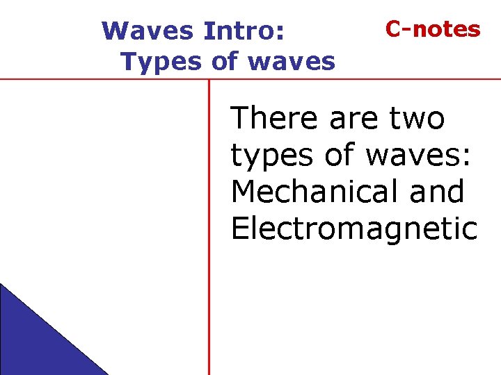 Waves Intro: Types of waves C-notes There are two types of waves: Mechanical and