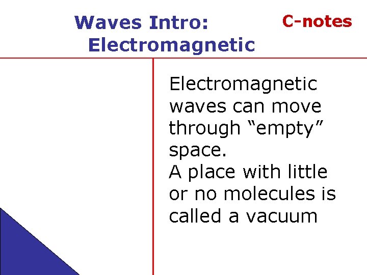 Waves Intro: Electromagnetic C-notes Electromagnetic waves can move through “empty” space. A place with