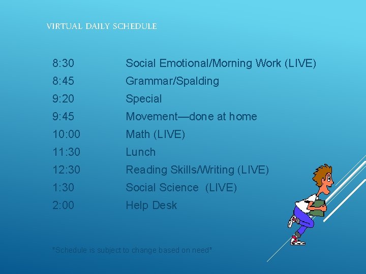 VIRTUAL DAILY SCHEDULE 8: 30 8: 45 Social Emotional/Morning Work (LIVE) Grammar/Spalding 9: 20