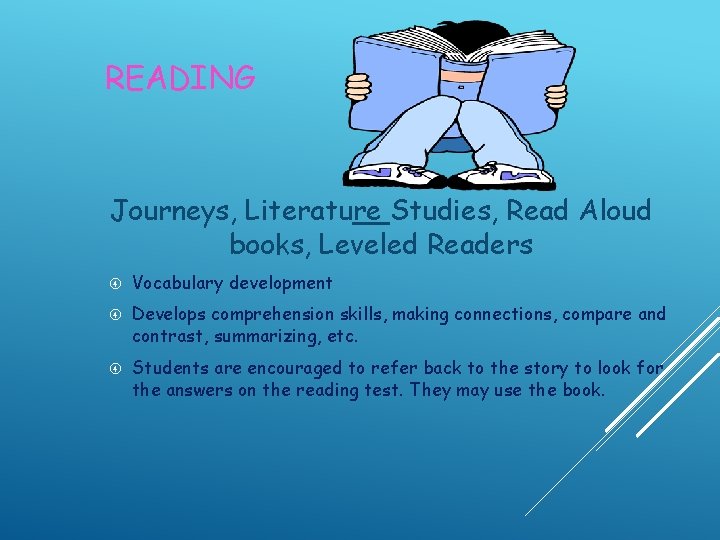 READING Journeys, Literature Studies, Read Aloud books, Leveled Readers Vocabulary development Develops comprehension skills,