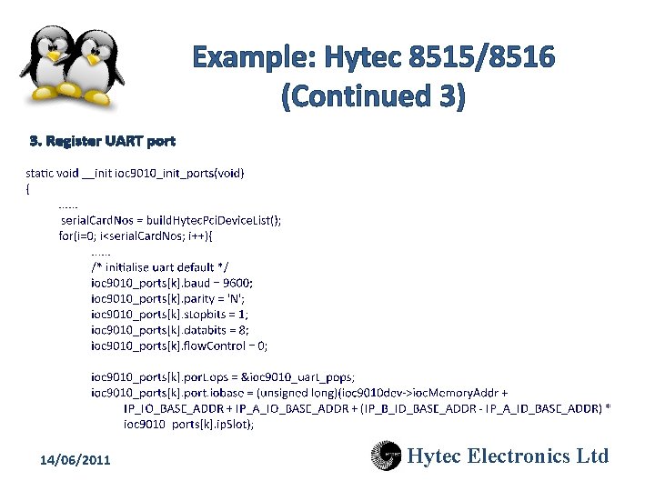 Example: Hytec 8515/8516 (Continued 3) 3. Register UART port 14/06/2011 Hytec Electronics Ltd 
