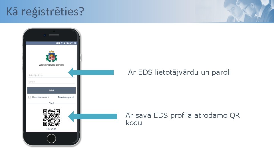 Kā reģistrēties? Ar EDS lietotājvārdu un paroli Ar savā EDS profilā atrodamo QR kodu