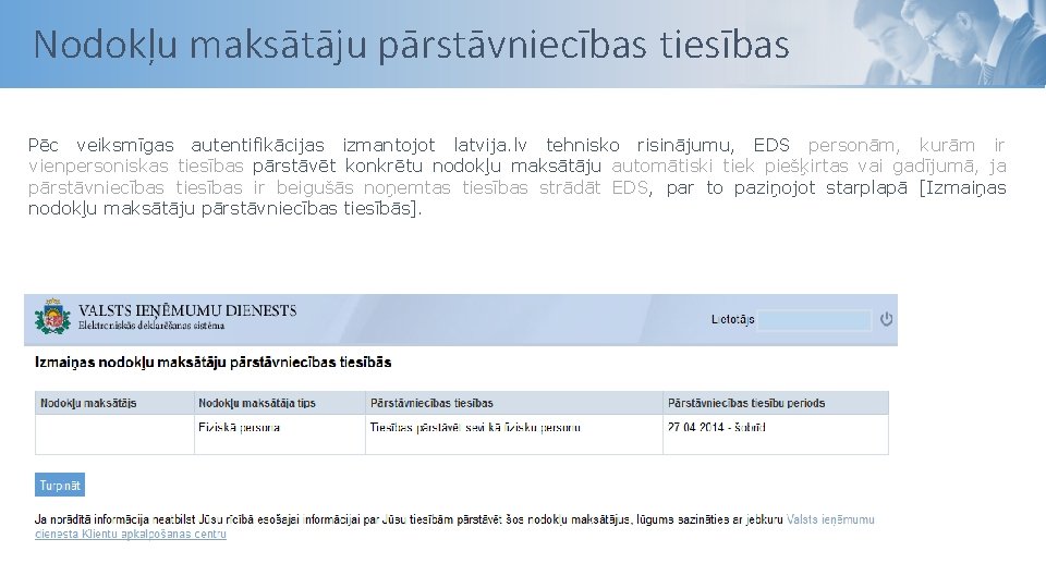 Nodokļu maksātāju pārstāvniecības tiesības Pēc veiksmīgas autentifikācijas izmantojot latvija. lv tehnisko risinājumu, EDS personām,