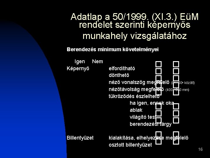 Adatlap a 50/1999. (XI. 3. ) EüM rendelet szerinti képernyős munkahely vizsgálatához Berendezés minimum