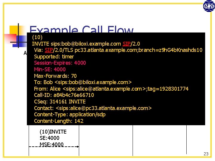 Example Call Flow (10) INVITE sips: bob@biloxi. example. com SIP/2. 0 Proxy P 2