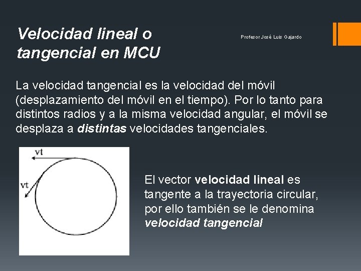 Velocidad lineal o tangencial en MCU Profesor José Luis Gajardo La velocidad tangencial es