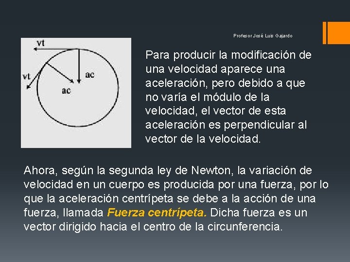 Profesor José Luis Gajardo Para producir la modificación de una velocidad aparece una aceleración,