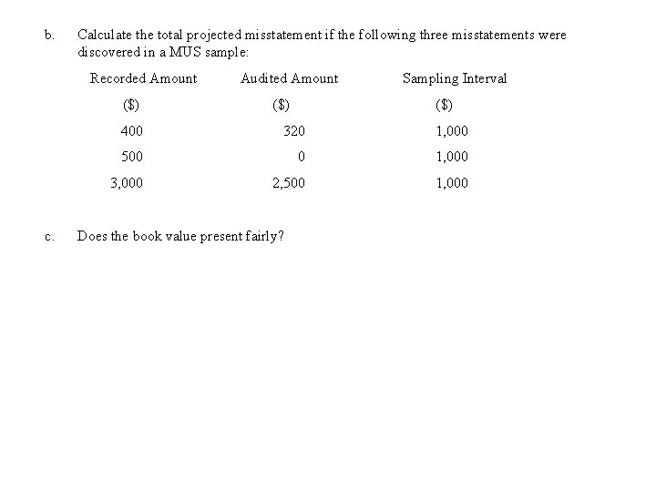 b. Calculate the total projected misstatement if the following three misstatements were discovered in