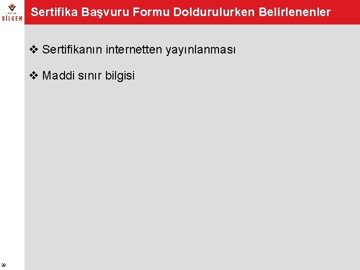 Sertifika Başvuru Formu Doldurulurken Belirlenenler v Sertifikanın internetten yayınlanması v Maddi sınır bilgisi 29