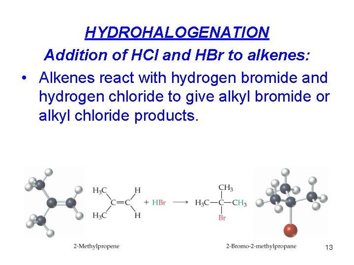 HYDROHALOGENATION Addition of HCl and HBr to alkenes: • Alkenes react with hydrogen bromide