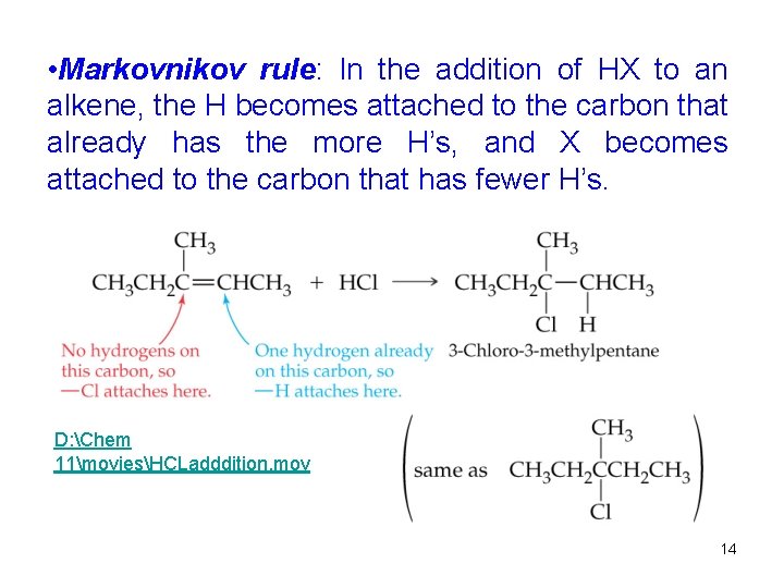  • Markovnikov rule: In the addition of HX to an alkene, the H