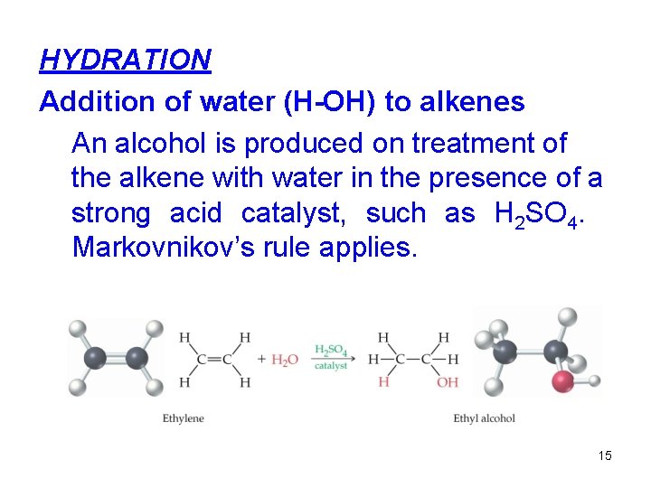 HYDRATION Addition of water (H-OH) to alkenes An alcohol is produced on treatment of