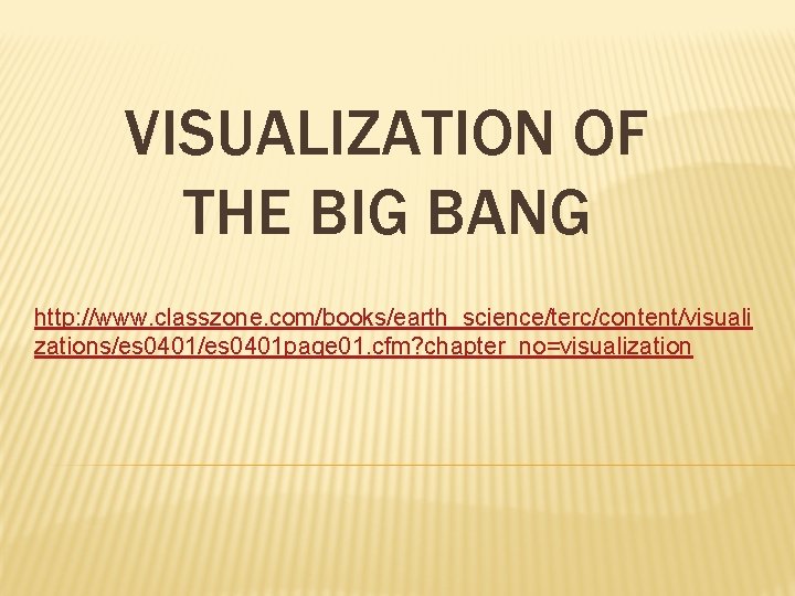 VISUALIZATION OF THE BIG BANG http: //www. classzone. com/books/earth_science/terc/content/visuali zations/es 0401 page 01. cfm? VISUALIZATION OF THE BIG BANG http: //www. classzone. com/books/earth_science/terc/content/visuali zations/es 0401 page 01. cfm?
