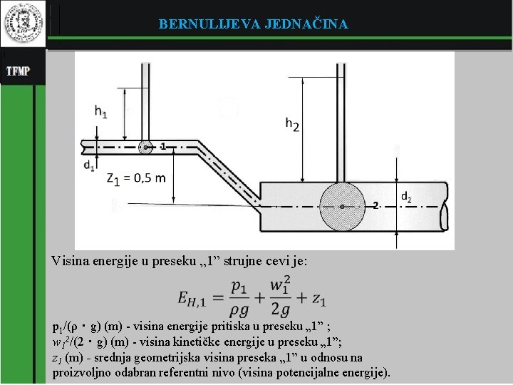 BERNULIJEVA JEDNAČINA Visina energije u preseku „ 1” strujne cevi je: � p 1/(ρ・g)