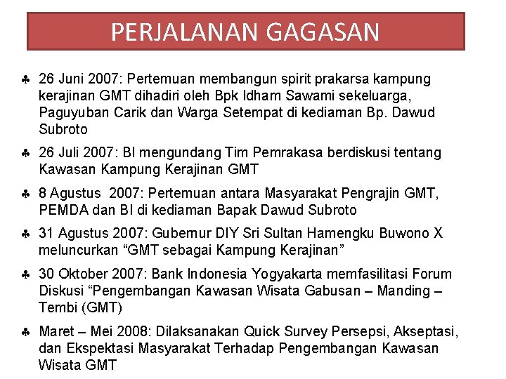 PERJALANAN GAGASAN § 26 Juni 2007: Pertemuan membangun spirit prakarsa kampung kerajinan GMT dihadiri