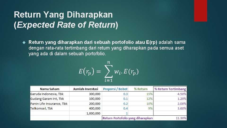 Return Yang Diharapkan (Expected Rate of Return) Return yang diharapkan dari sebuah portofolio atau