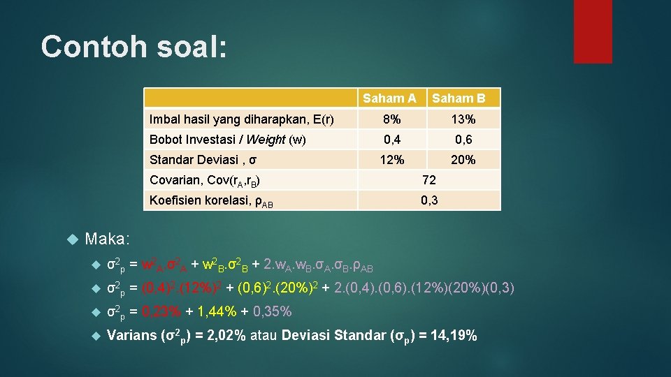 Contoh soal: Saham A Imbal hasil yang diharapkan, E(r) 8% 13% Bobot Investasi /