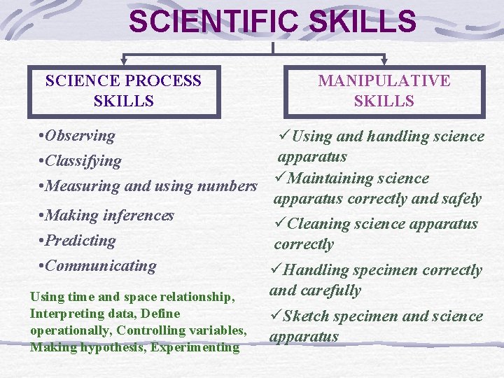 SCIENTIFIC SKILLS SCIENCE PROCESS SKILLS MANIPULATIVE SKILLS • Observing üUsing and handling science apparatus