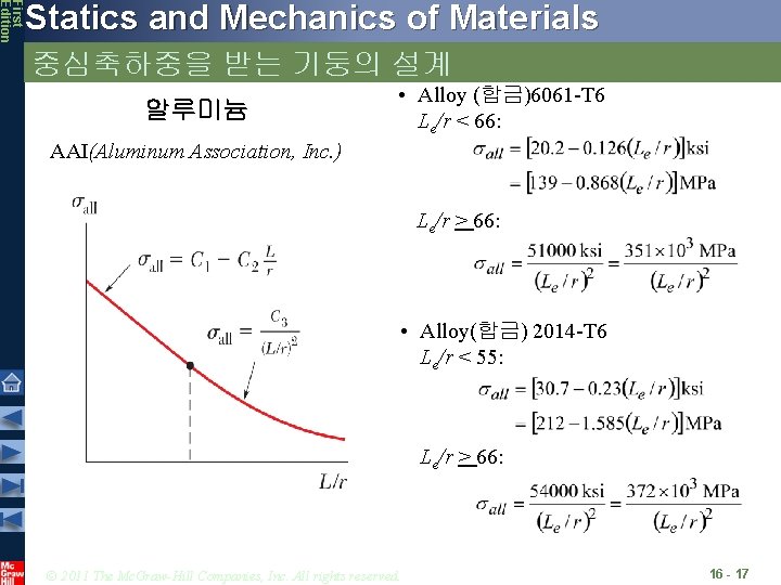 First Edition Statics and Mechanics of Materials 중심축하중을 받는 기둥의 설계 알루미늄 • Alloy