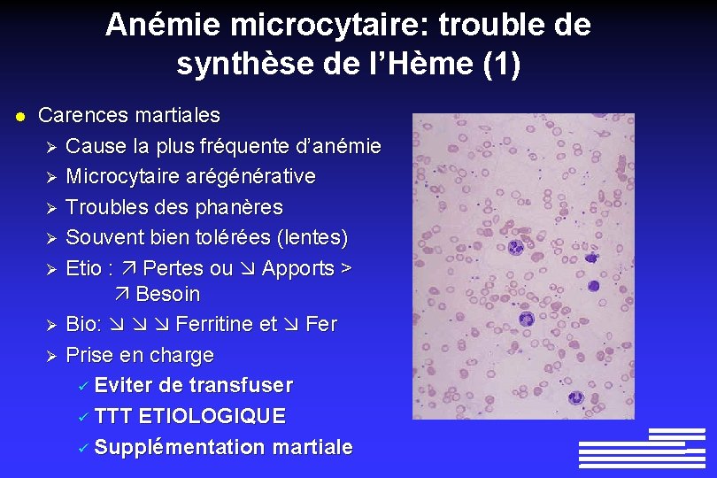 Anémie microcytaire: trouble de synthèse de l’Hème (1) l Carences martiales Ø Cause la