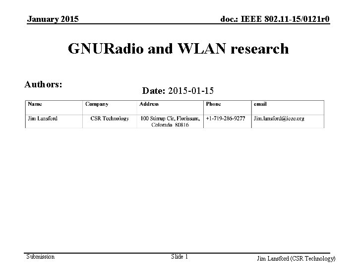 January 2015 doc. : IEEE 802. 11 -15/0121 r 0 GNURadio and WLAN research