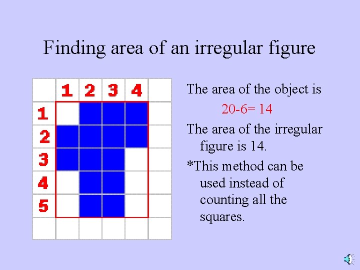 Finding area of an irregular figure The area of the object is 20 -6=