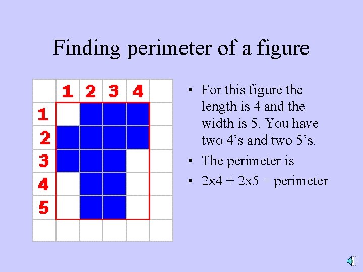Finding perimeter of a figure • For this figure the length is 4 and