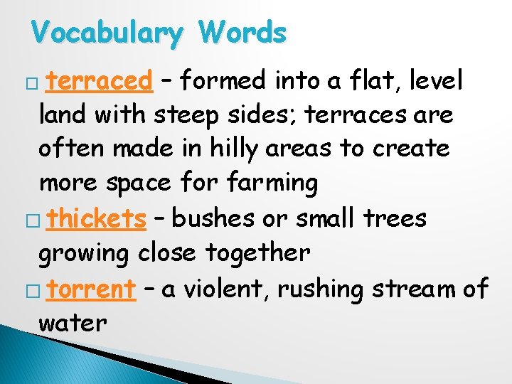 Vocabulary Words terraced – formed into a flat, level land with steep sides; terraces