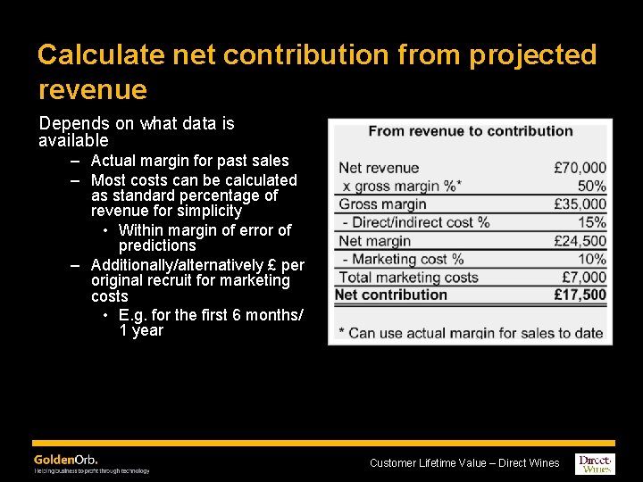 Calculate net contribution from projected revenue Depends on what data is available – Actual
