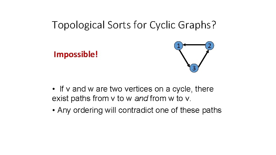 Topological Sorts for Cyclic Graphs? Impossible! 1 2 3 • If v and w