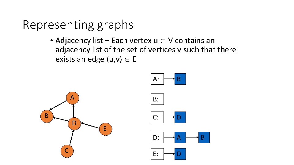 Representing graphs • Adjacency list – Each vertex u V contains an adjacency list