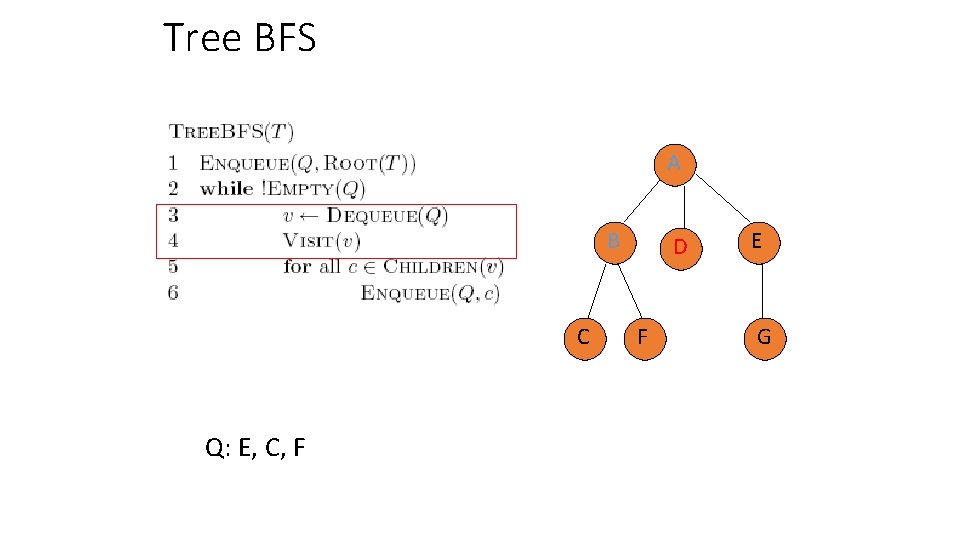 Tree BFS A B C Q: E, C, F D F E G 