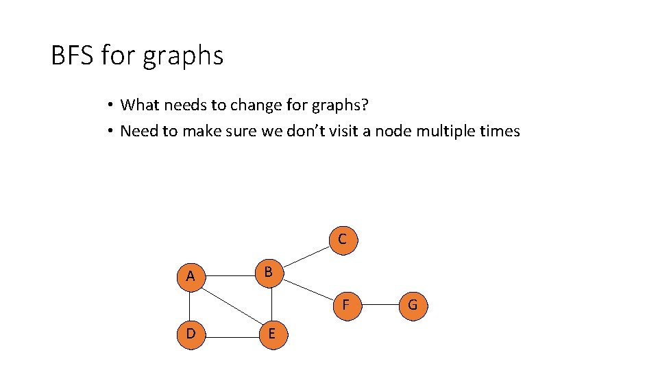 BFS for graphs • What needs to change for graphs? • Need to make